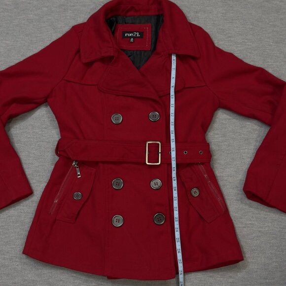 Rue 21 Womens Red Pea Coat Double Breasted Long Sleeve Belted Zip Pockets Size M - Picture 12 of 16